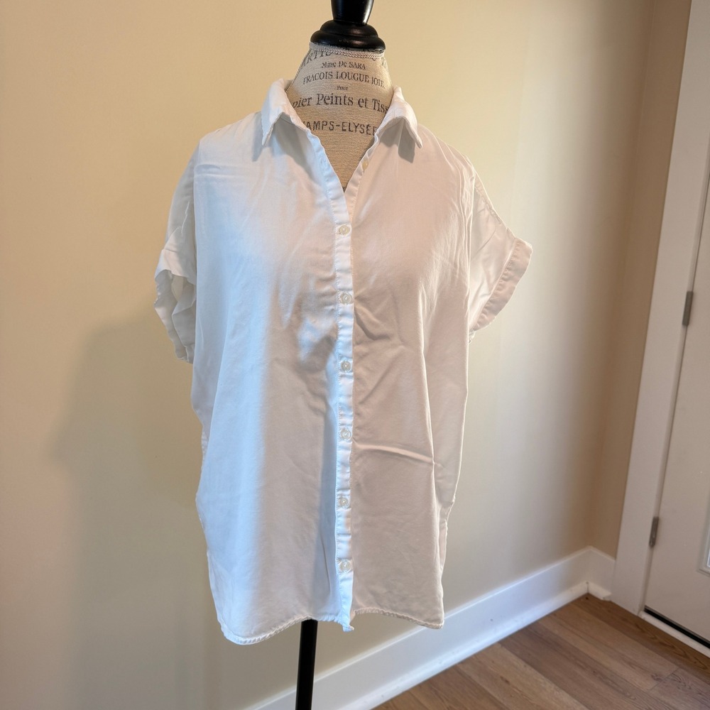 Quince Women's White 100% Tencel Cap Sleeve Button Up Blouse Size XL